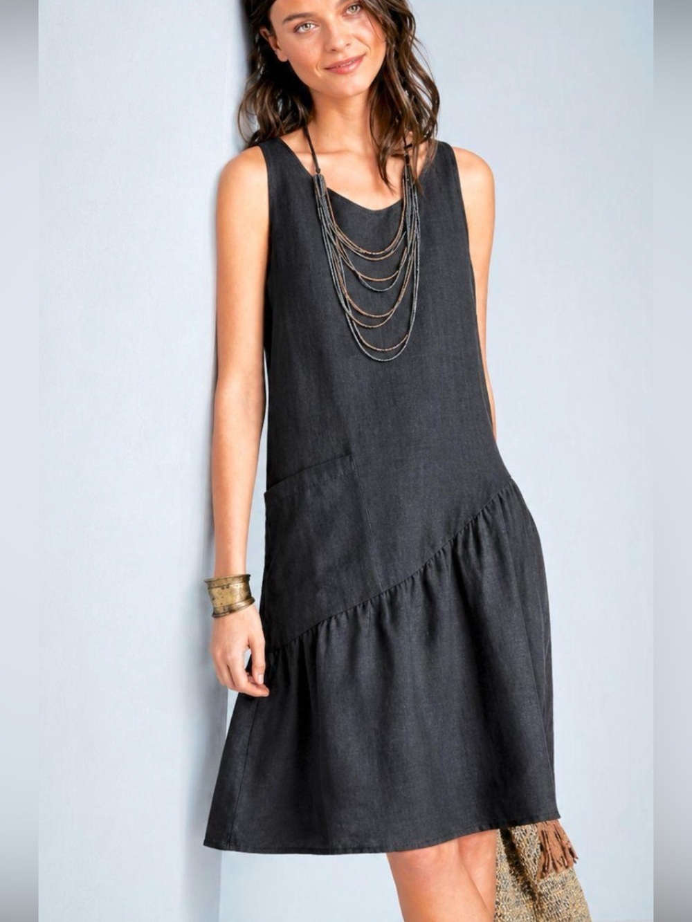 Garnet Hill French Linen Black Asymmetrical Ruffle Dress Size 10 NWT